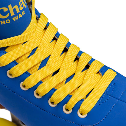 Close-up of the laces on a Chaya Deluxe NO WAR roller skate, showing the lacing pattern and eyelets.