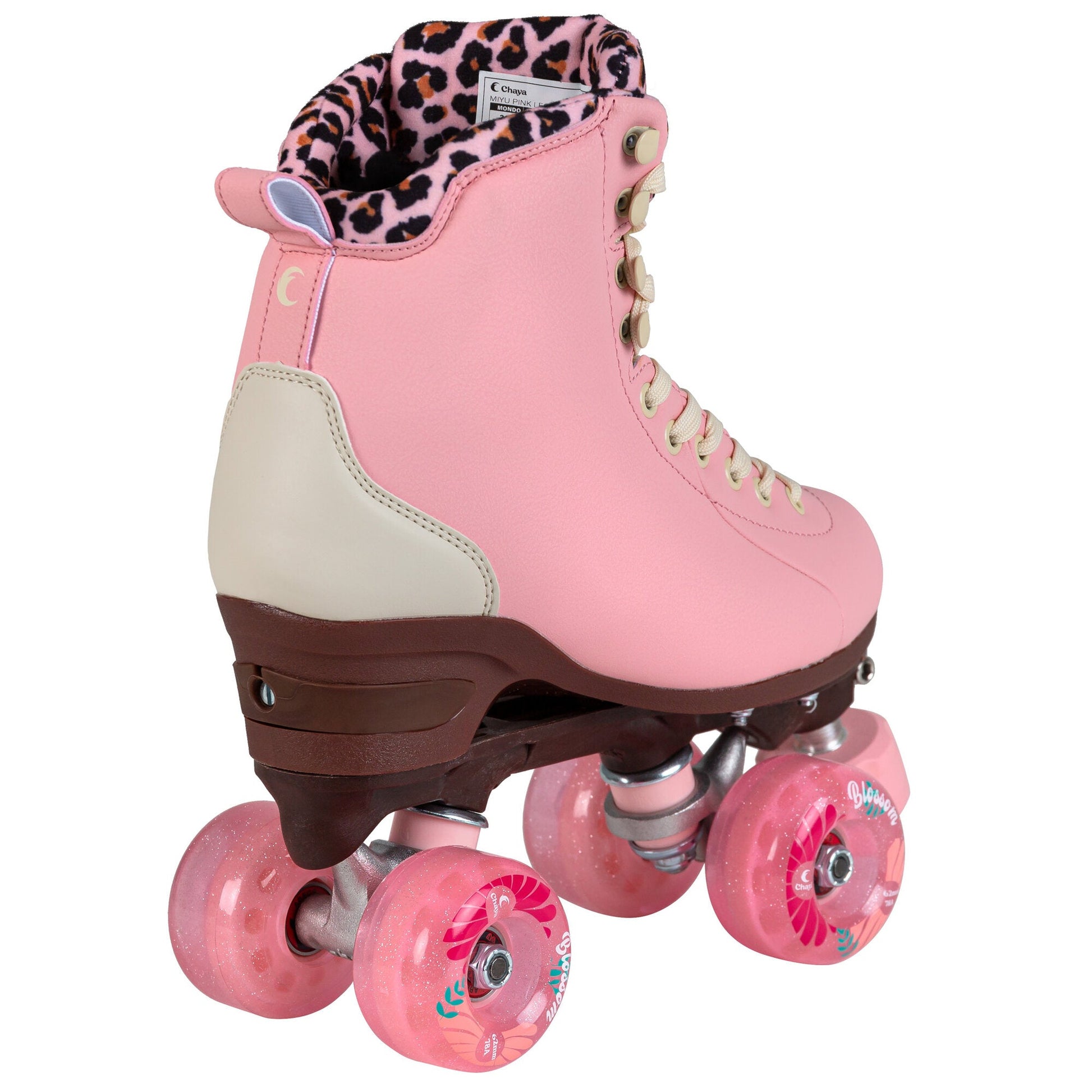 From the rear, the Chaya Miyu Pink Leopard skates present their classic silhouette, dominated by the striking leopard print.
