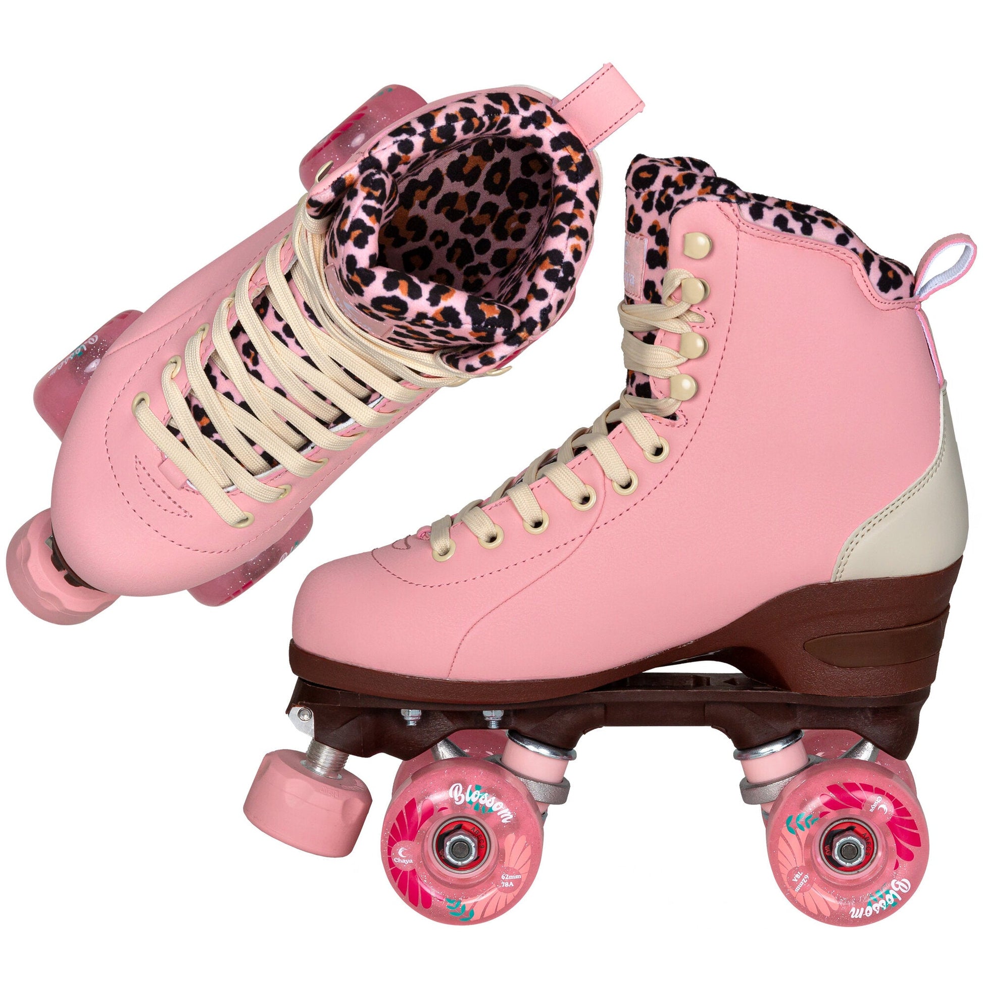 A pair of Chaya Miyu Pink Leopard skates, thoughtfully composed to underscore their intricate pattern and daring spirit.