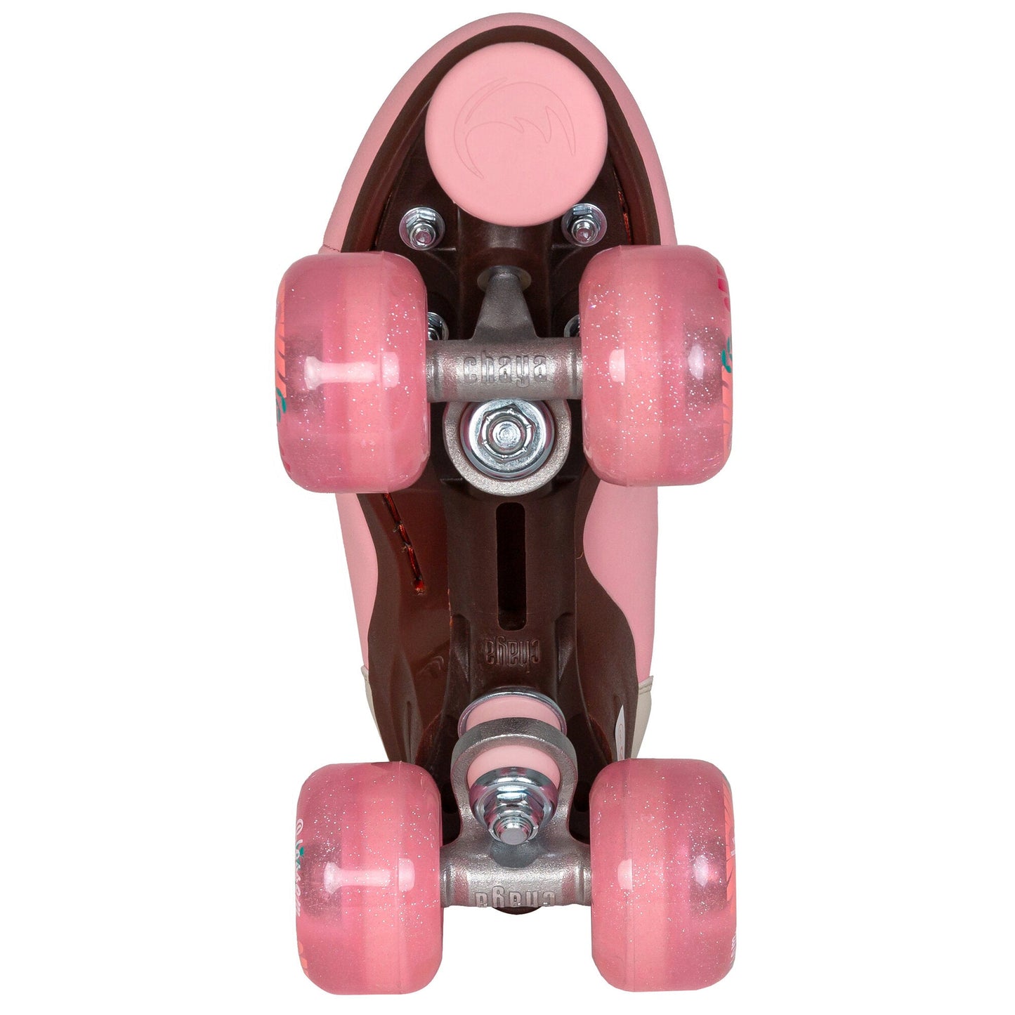 Photograph taken from beneath a Chaya Miyu Pink Leopard skate reveals its sturdy baseplate, resilient trucks, and the harmoniously toned toe stop.
