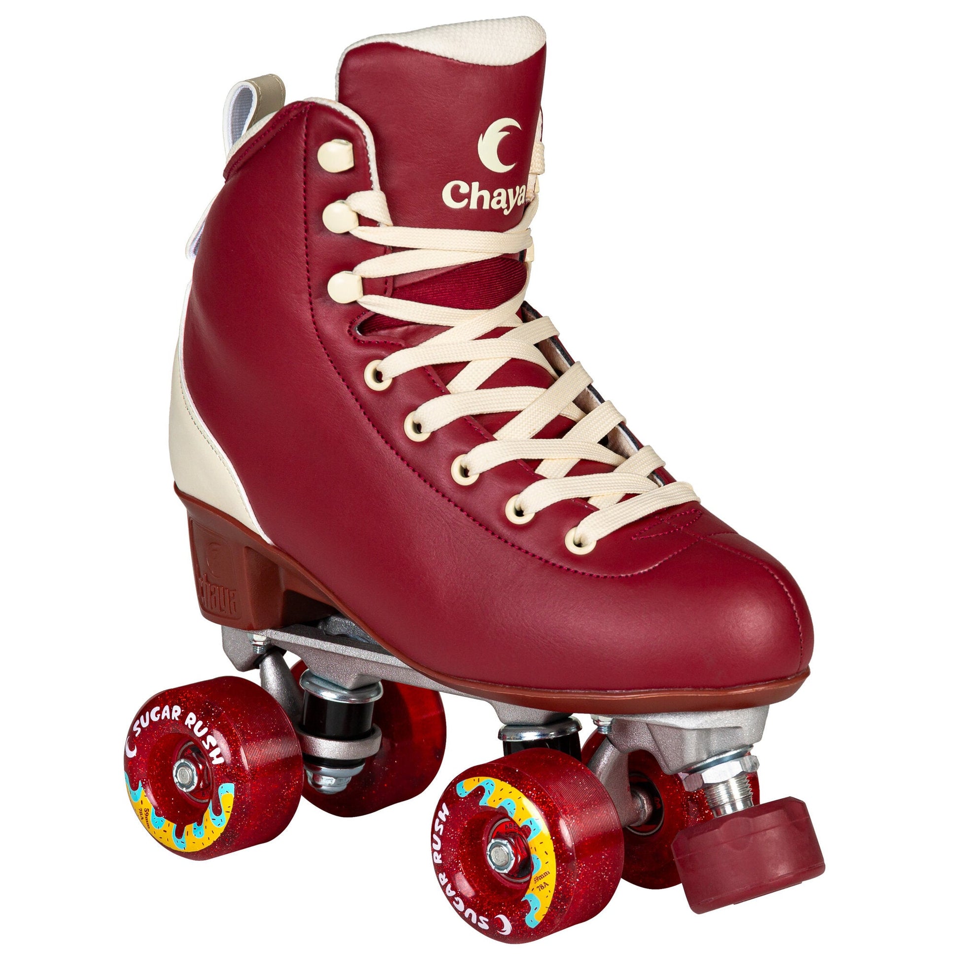 Chaya Cozy Wine roller skate, angled for display, highlighting its luxurious wine-colored boot and comfortable aesthetic.