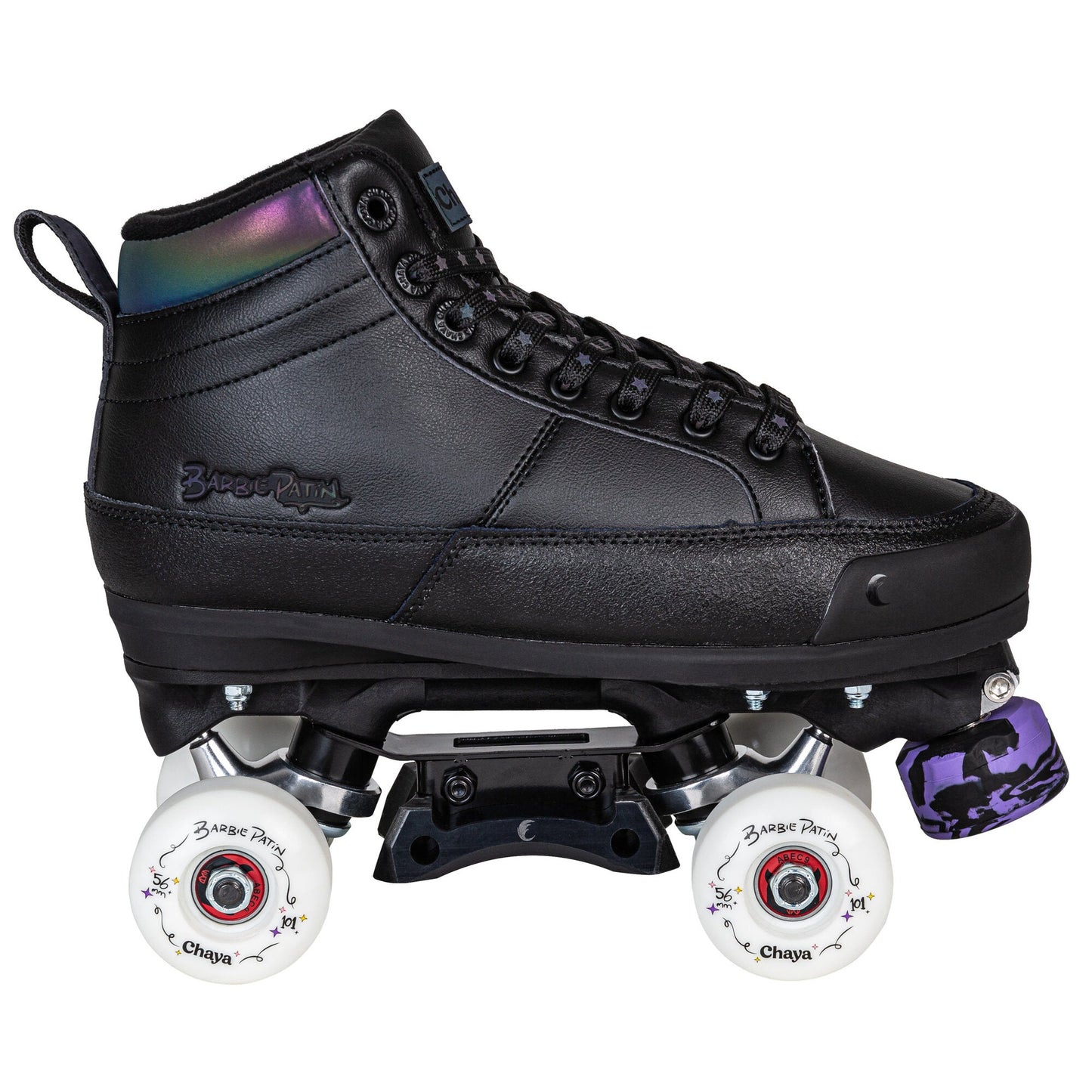 Side profile of a Chaya Kismet Barbiepatin Black quad skate, displaying its complete look with white wheels and subtle accents.