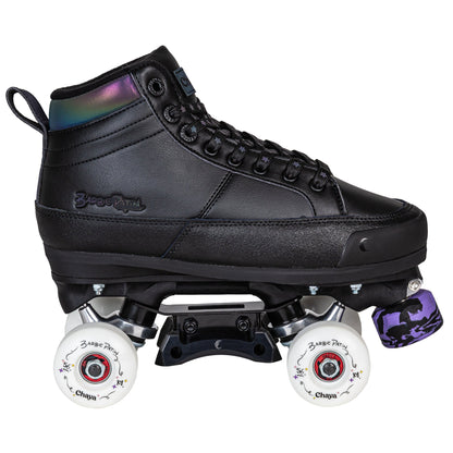 Side profile of a Chaya Kismet Barbiepatin Black quad skate, displaying its complete look with white wheels and subtle accents.