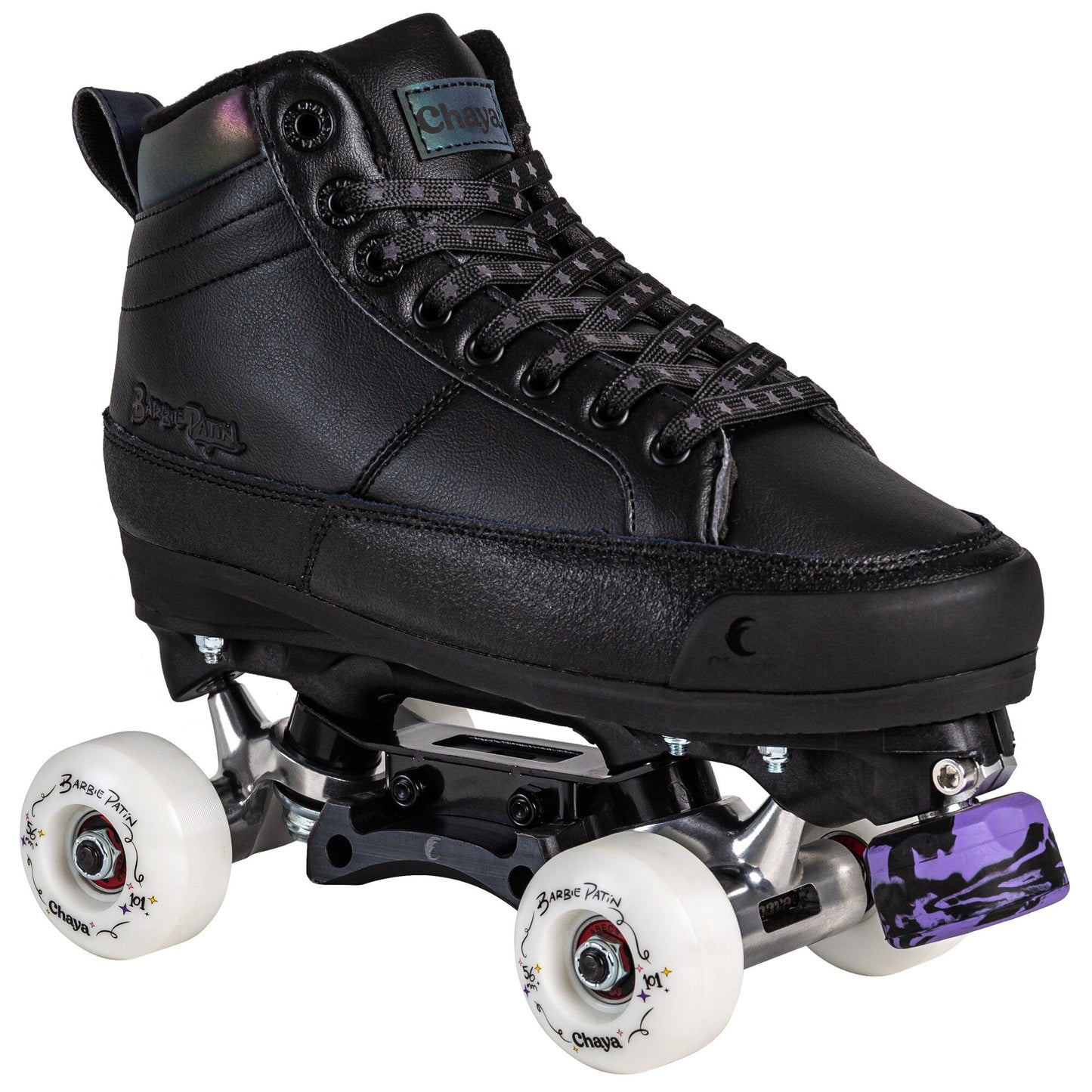 Single Chaya Kismet Barbiepatin Black roller skate, showcasing its sleek black design and classic Kismet aesthetic.
