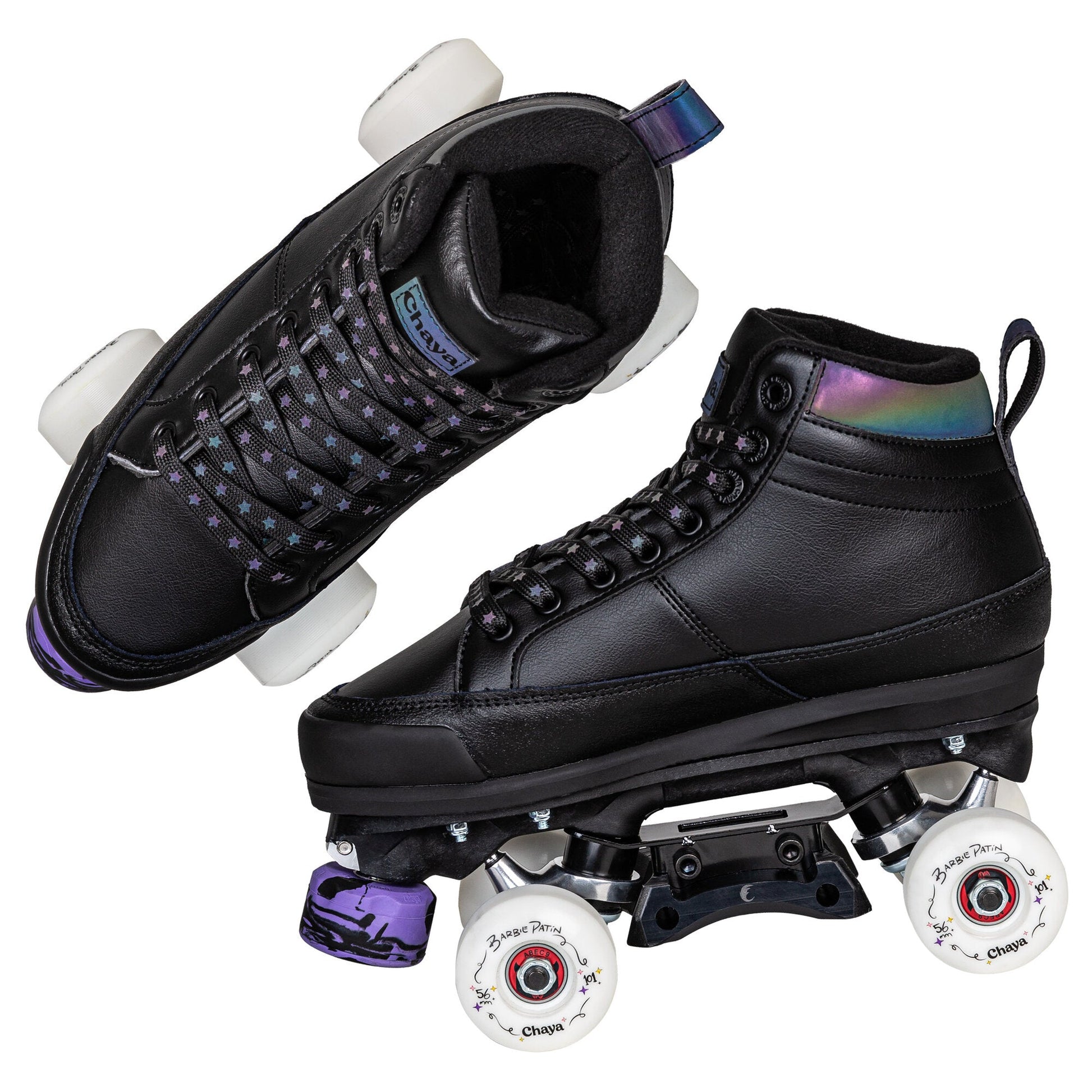 Chaya Kismet Barbiepatin Black roller skates, designed for style-conscious skaters who appreciate a timeless black aesthetic.