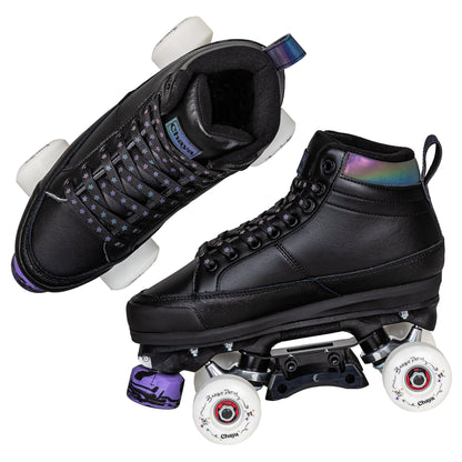 Chaya Kismet Barbiepatin Black roller skates, designed for style-conscious skaters who appreciate a timeless black aesthetic.