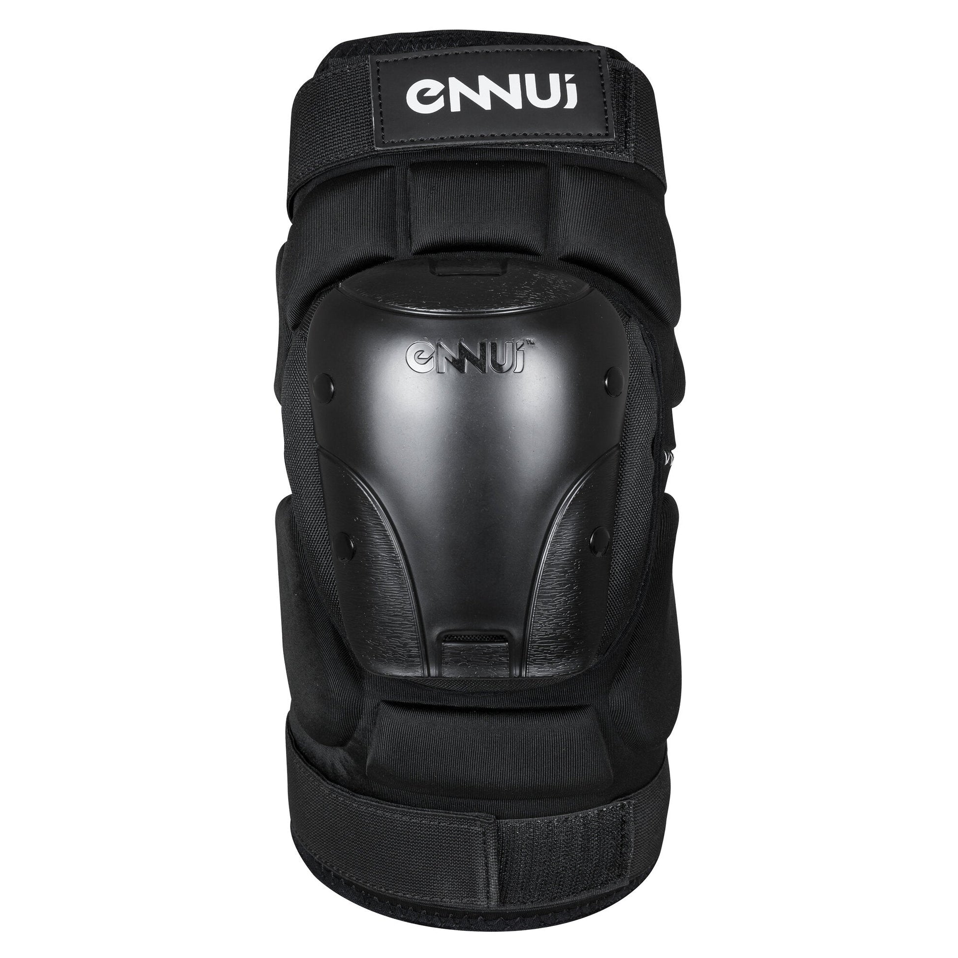 Front view of the ENNUI Ave Knee Gasket, showcasing its prominent hard shell cap and wide, adjustable straps for secure, front-facing impact protection.