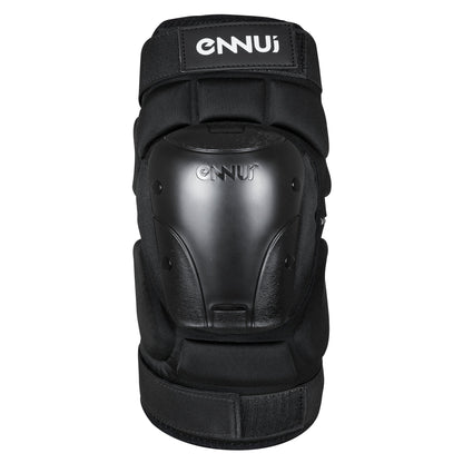 Front view of the ENNUI Ave Knee Gasket, showcasing its prominent hard shell cap and wide, adjustable straps for secure, front-facing impact protection.