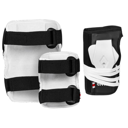 Rear view of the complete ENNUI Park Set, showing the adjustable straps, breathable mesh panels, and closure systems on the knee gaskets, elbow gaskets, and wrist guards.