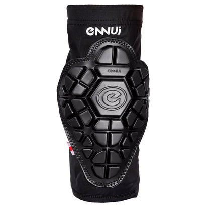 A front view of the ENNUI Shock Sleeve Elbow Gasket, a black, minimalist elbow protector. Its flexible fabric hides impact-hardening technology, offering discreet and effective protection for your elbow.