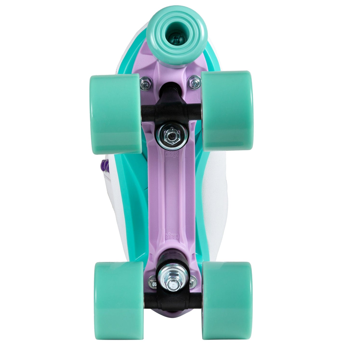 The underside of a Chaya Melrose White skate, detailing the robust plate, durable trucks, and its perfectly color-matched toe stop.
