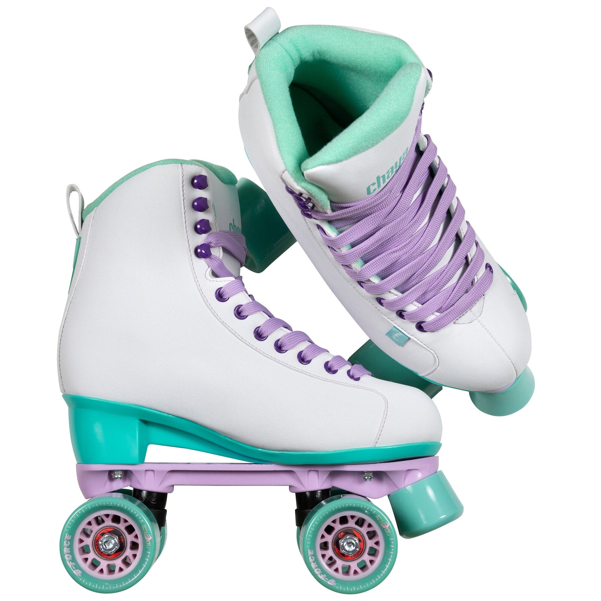 Two Chaya Melrose White skates, thoughtfully arranged to highlight their unified design and crisp appearance.