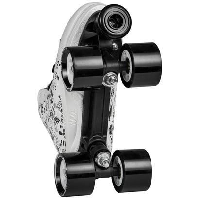 Underside view of a Chaya Sketch roller skate, clearly showing the durable plate, trucks, and the smooth wheels
