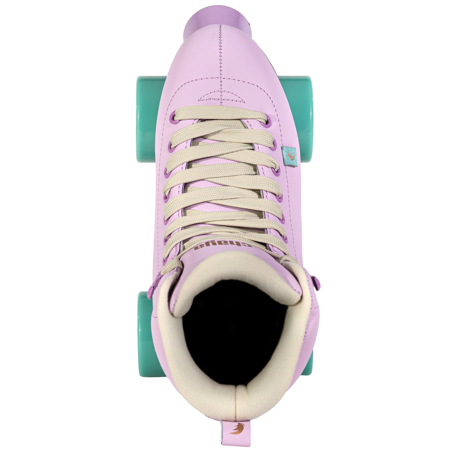 An overhead shot of a Chaya Melrose Lavender skate, capturing the lacing and the boot's serene upper surface.
