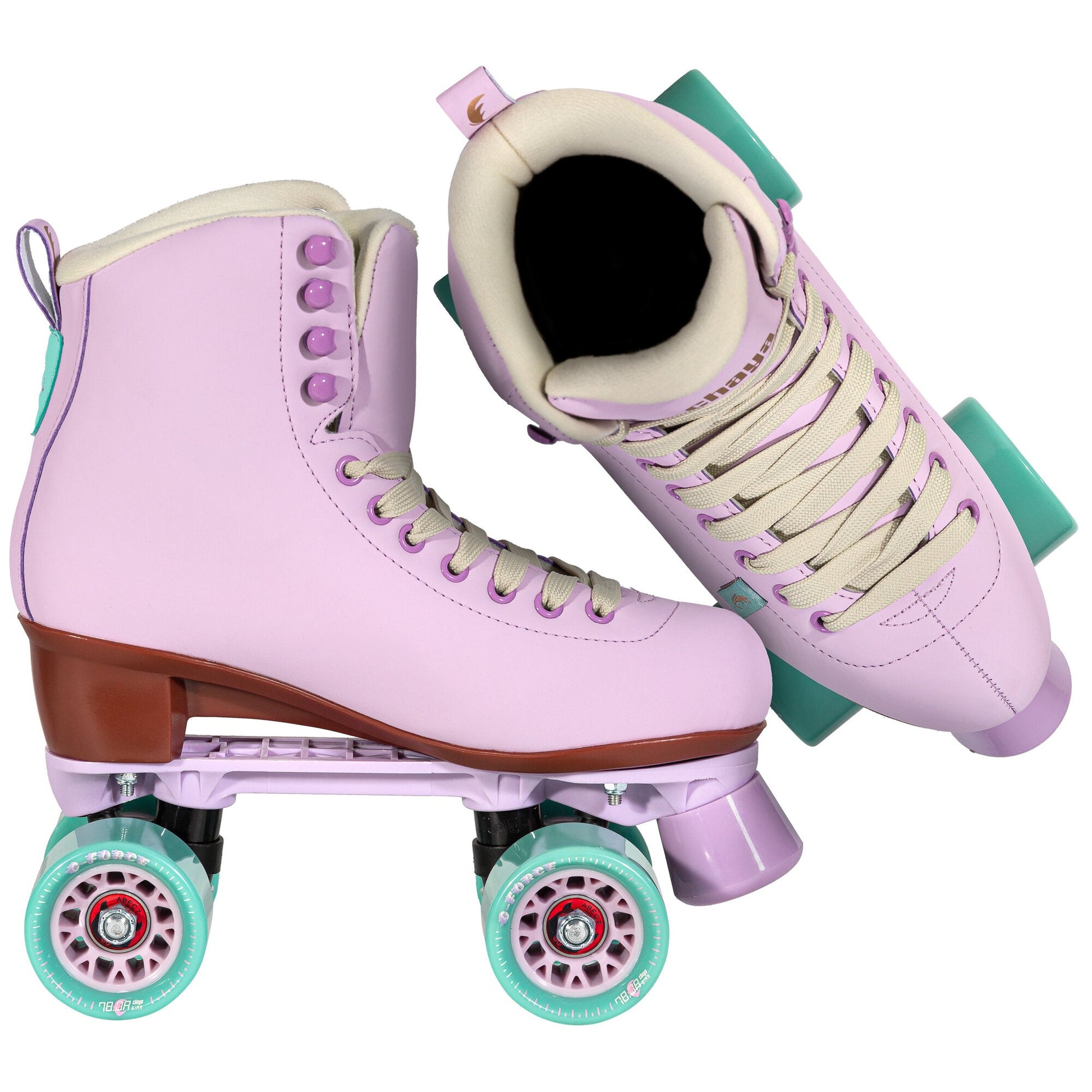 Two Chaya Melrose Lavender skates, artfully presented from different angles to highlight their comprehensive and charming design.