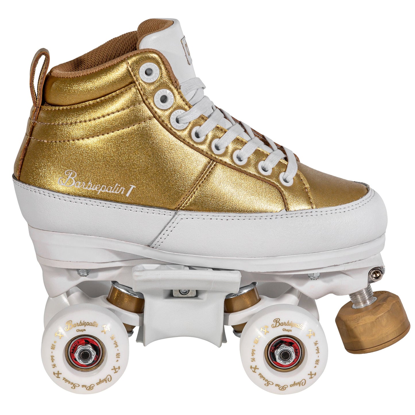 Side profile of a Chaya Kismet Barbiepatin Gold quad skate, displaying its complete look with white wheels