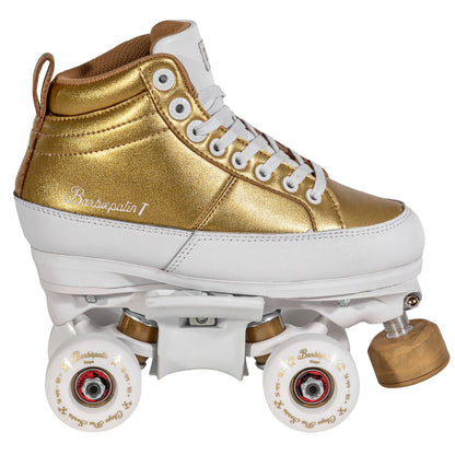 Side profile of a Chaya Kismet Barbiepatin Gold quad skate, displaying its complete look with white wheels