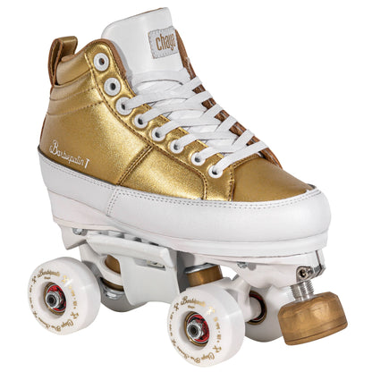 Single Chaya Kismet Barbiepatin Gold roller skate, showcasing its opulent gold design and classic Kismet aesthetic.