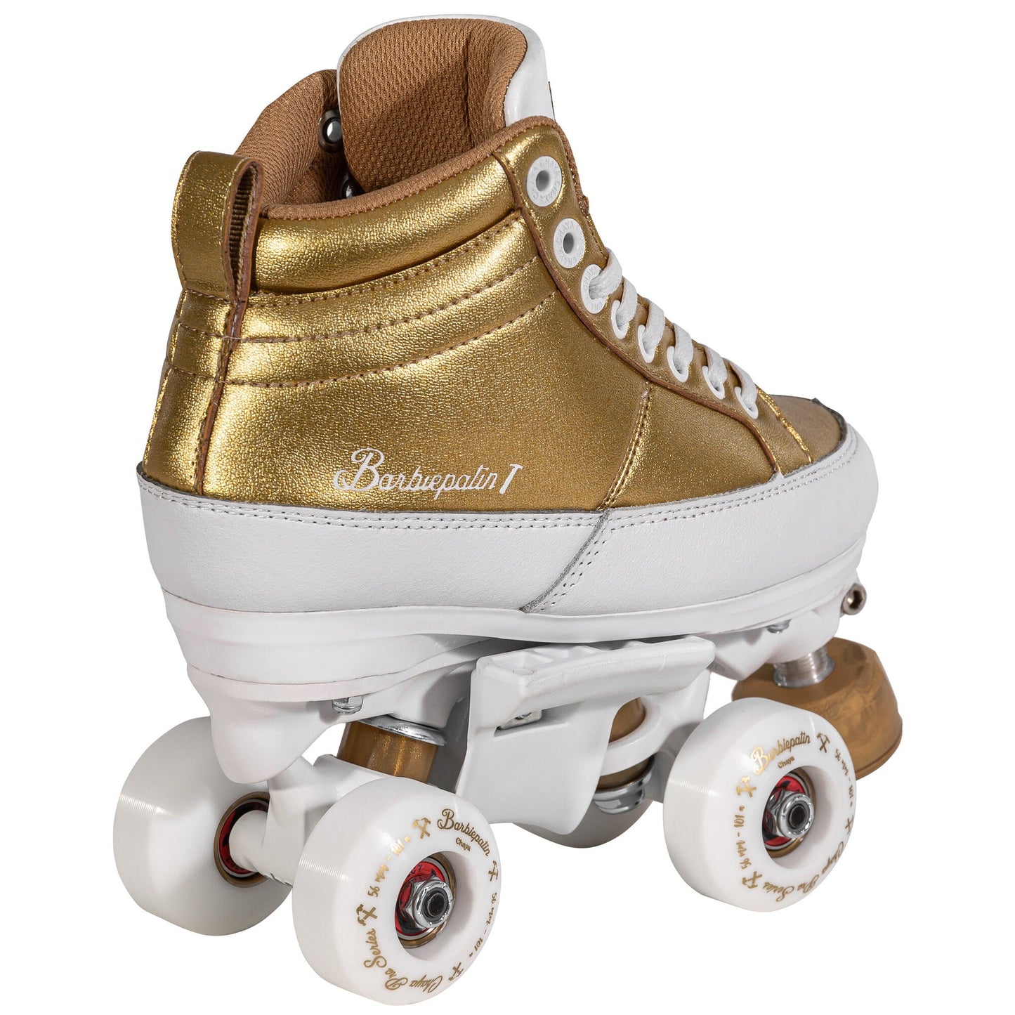 Back view of Chaya Kismet Barbiepatin Gold roller skates, showing the rear of the boot and any unique heel details.