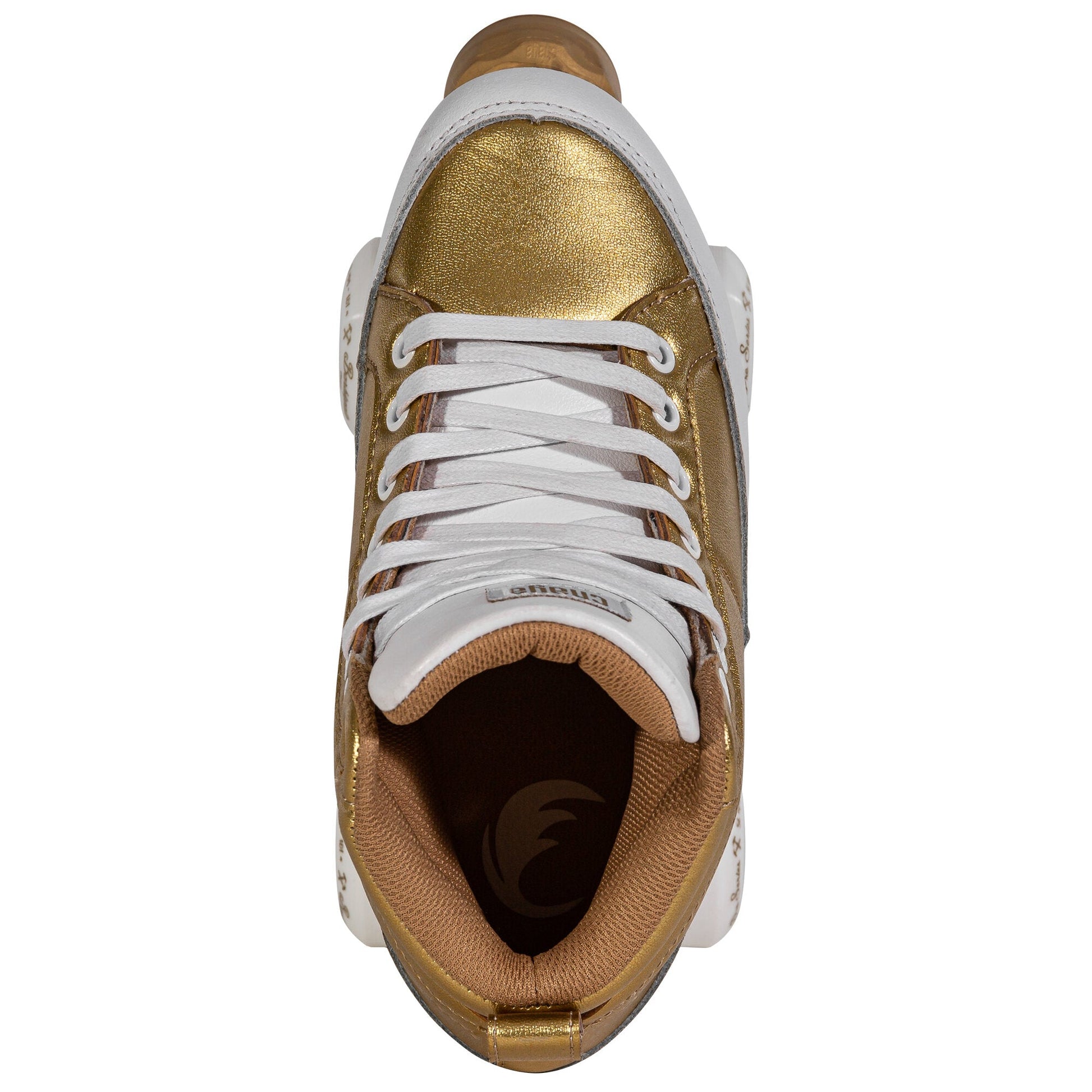 Top-down view of a Chaya Kismet Barbiepatin Gold quad skate, showcasing the laces, tongue, and the boot's streamlined golden form from above.