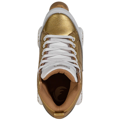 Top-down view of a Chaya Kismet Barbiepatin Gold quad skate, showcasing the laces, tongue, and the boot's streamlined golden form from above.