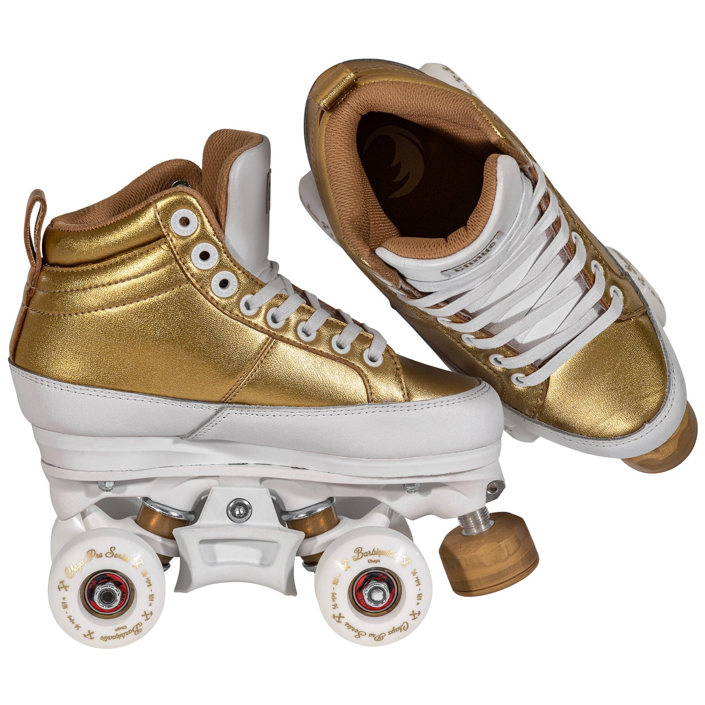 Pair of Chaya Kismet Barbiepatin Gold quad skates, highlighting their dazzling golden look and timeless silhouette.