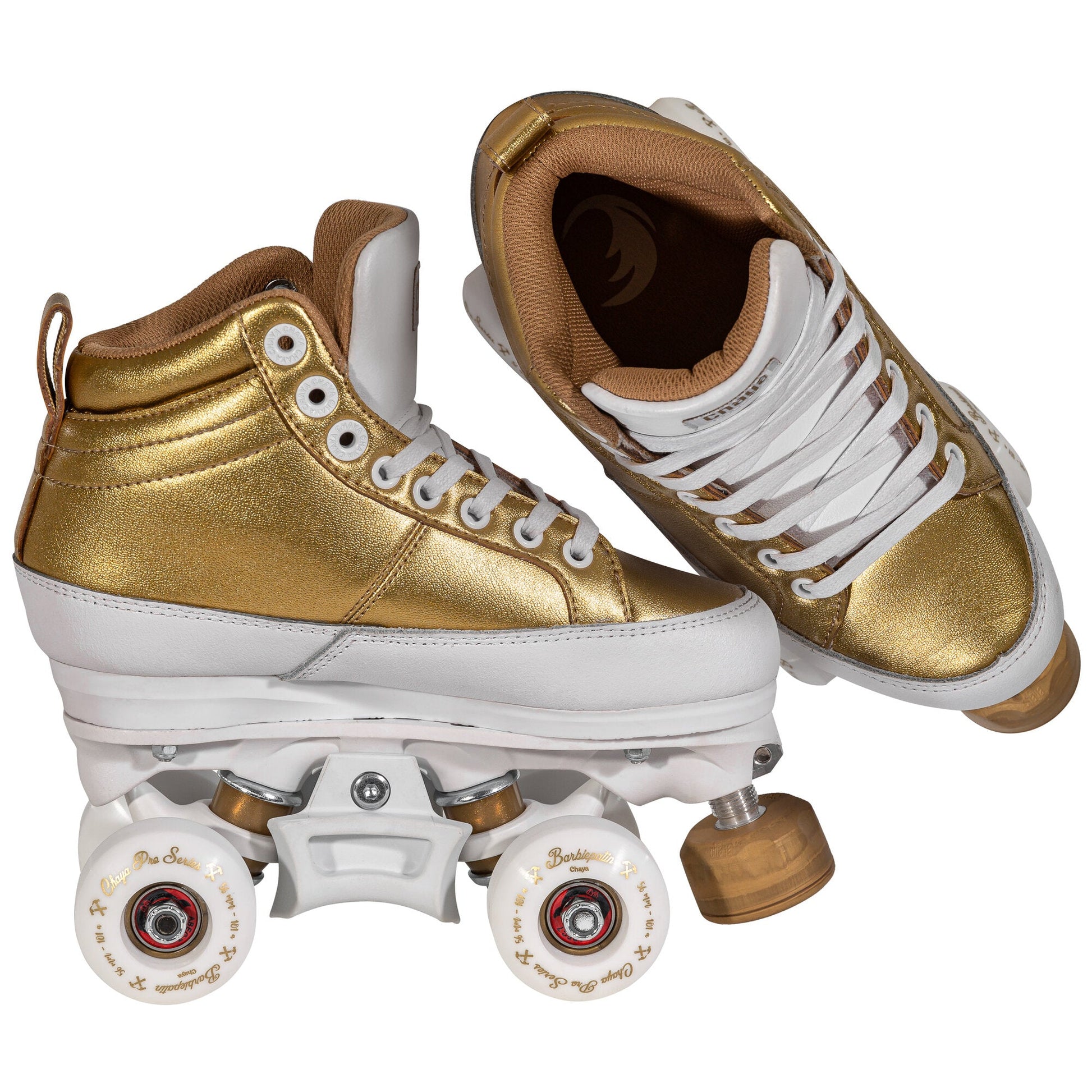 Pair of Chaya Kismet Barbiepatin Gold quad skates, highlighting their dazzling golden look and timeless silhouette.
