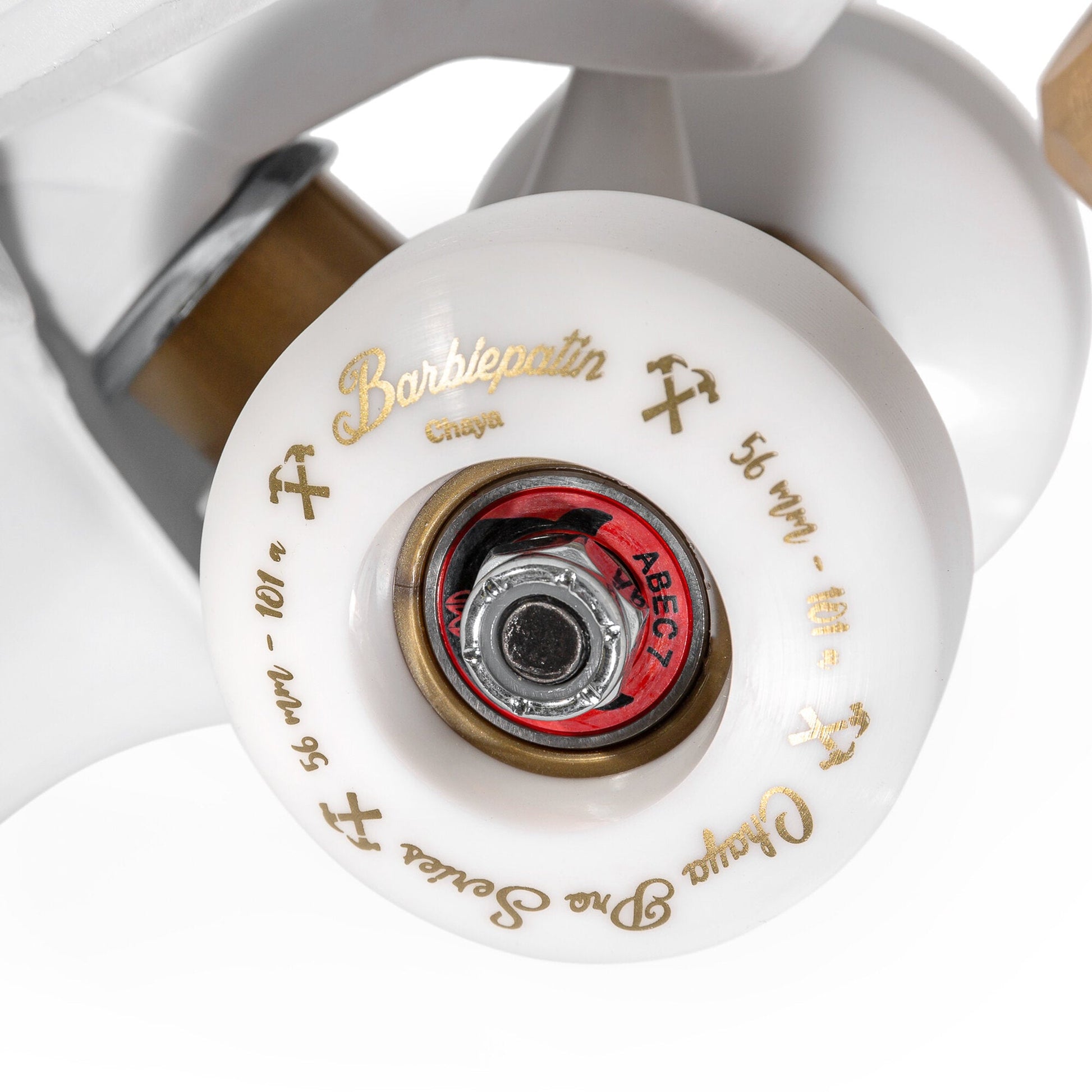 Detailed shot of the wheels on a Chaya Kismet Barbiepatin Gold skate, complementing the overall radiant color scheme.