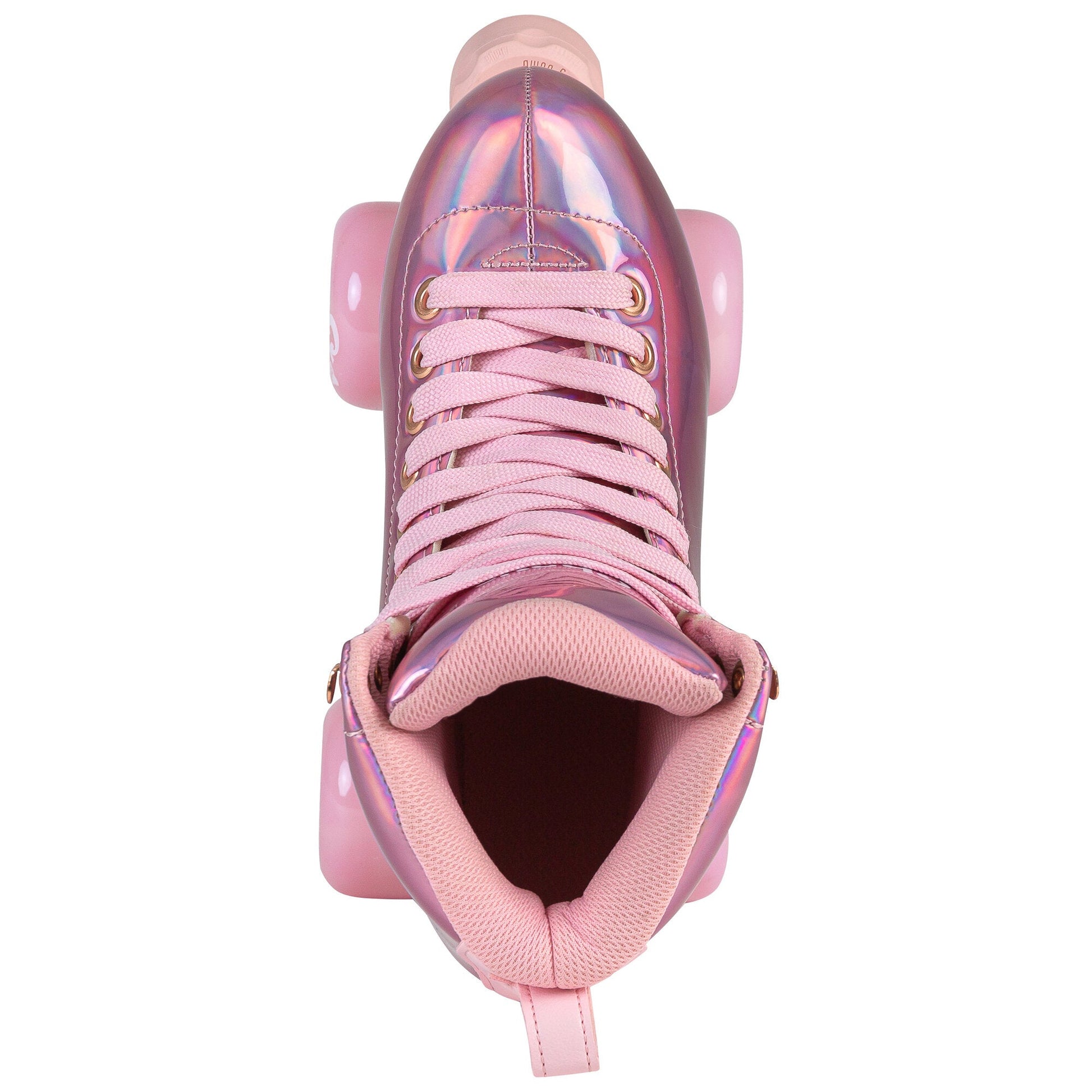 An overhead shot of a Chaya Melrose Elite Space Holographic skate, capturing the lacing and the boot's dazzling, multi-tonal upper.