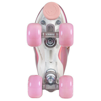 underside of a Chaya Melrose Elite Space Holographic skate, detailing its robust plate, trucks, and the toe stop's subtle gleam.