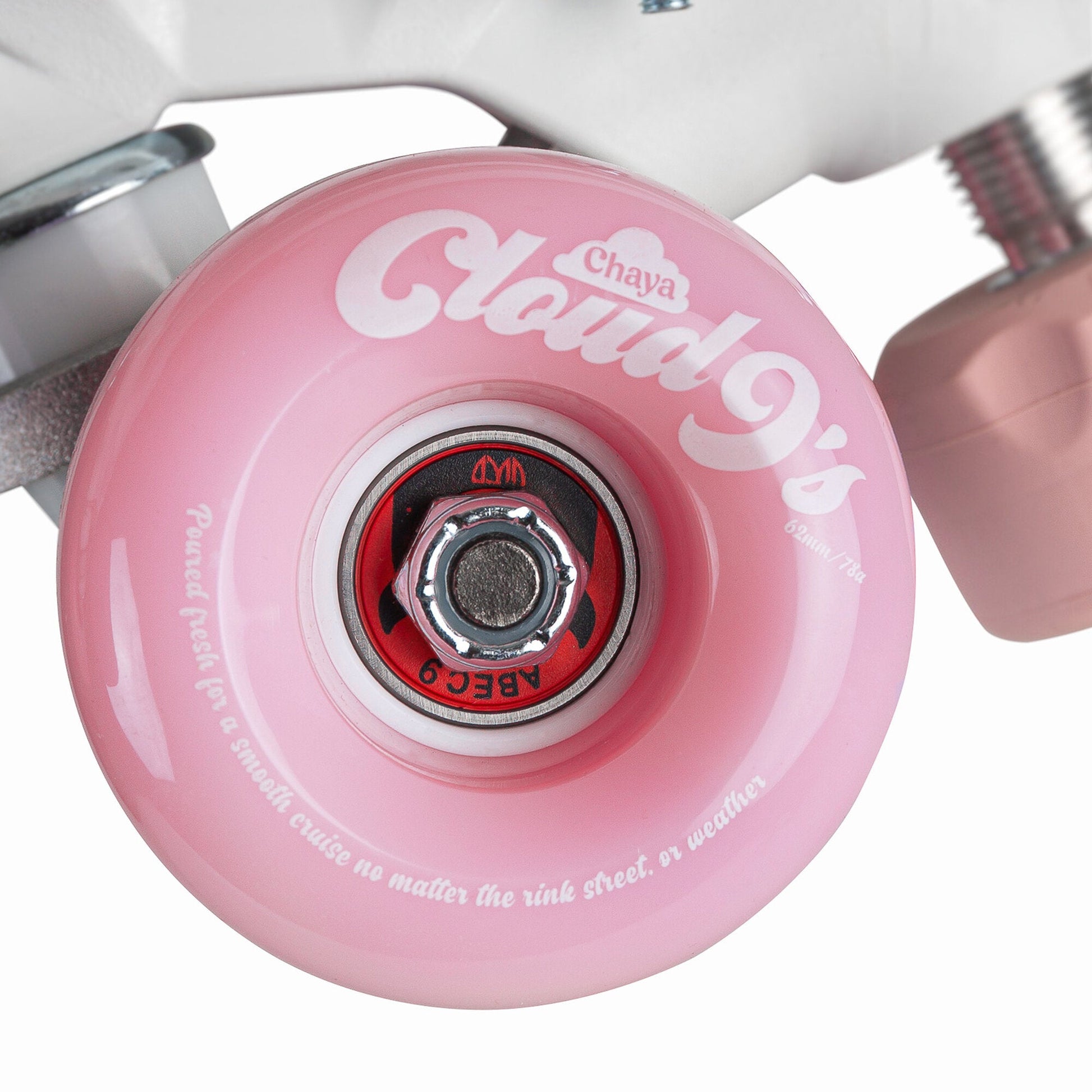 One of the wheels from the Chaya Melrose Elite Space Holographic skate, highlighting its complementary color and the promise of a smooth, luminous roll.