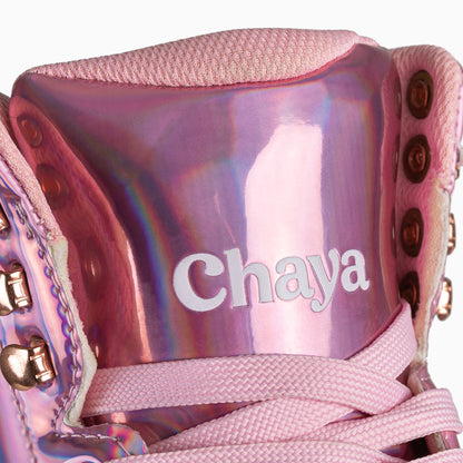 Close-up of the tongue on the Chaya Melrose Elite Space Holographic skate, highlighting its iridescent material and supportive padding.