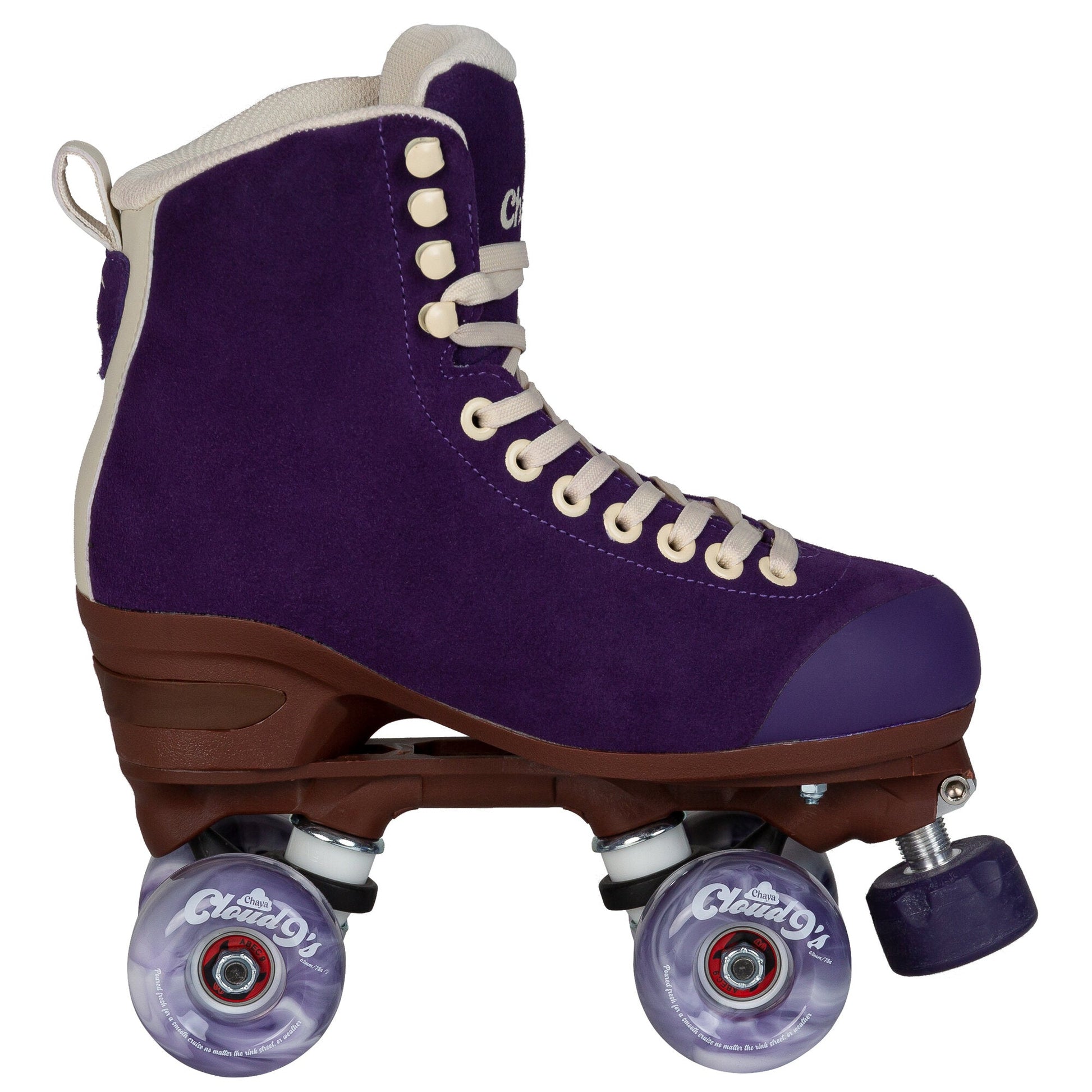 The Chaya Melrose Elite Purple Evil quad skate in profile, revealing its elegant silhouette and captivating wheels.