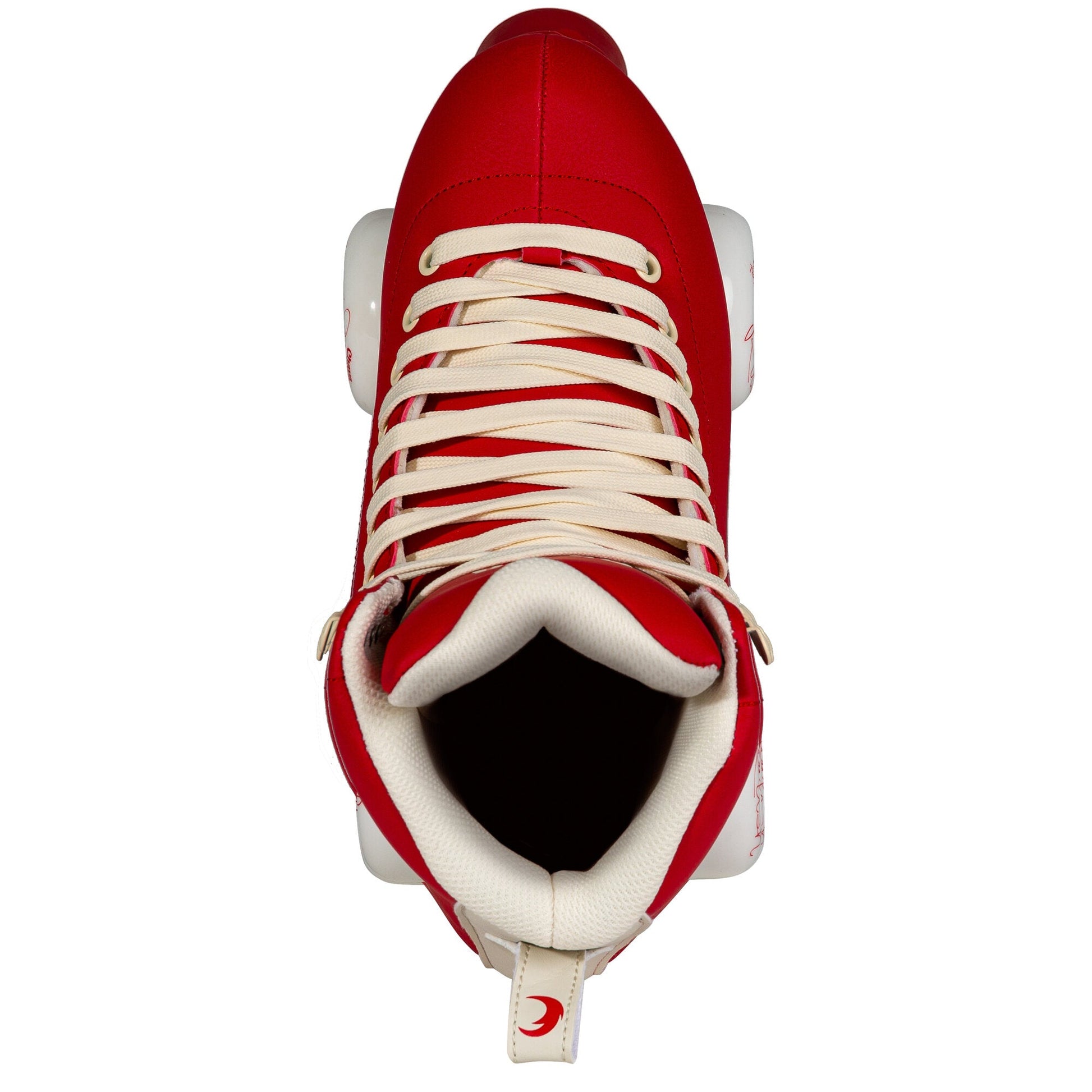 Overhead perspective of a Chaya Melrose Deluxe Ruby quad skate, capturing the lacing and the boot's rich red upper surface from above.