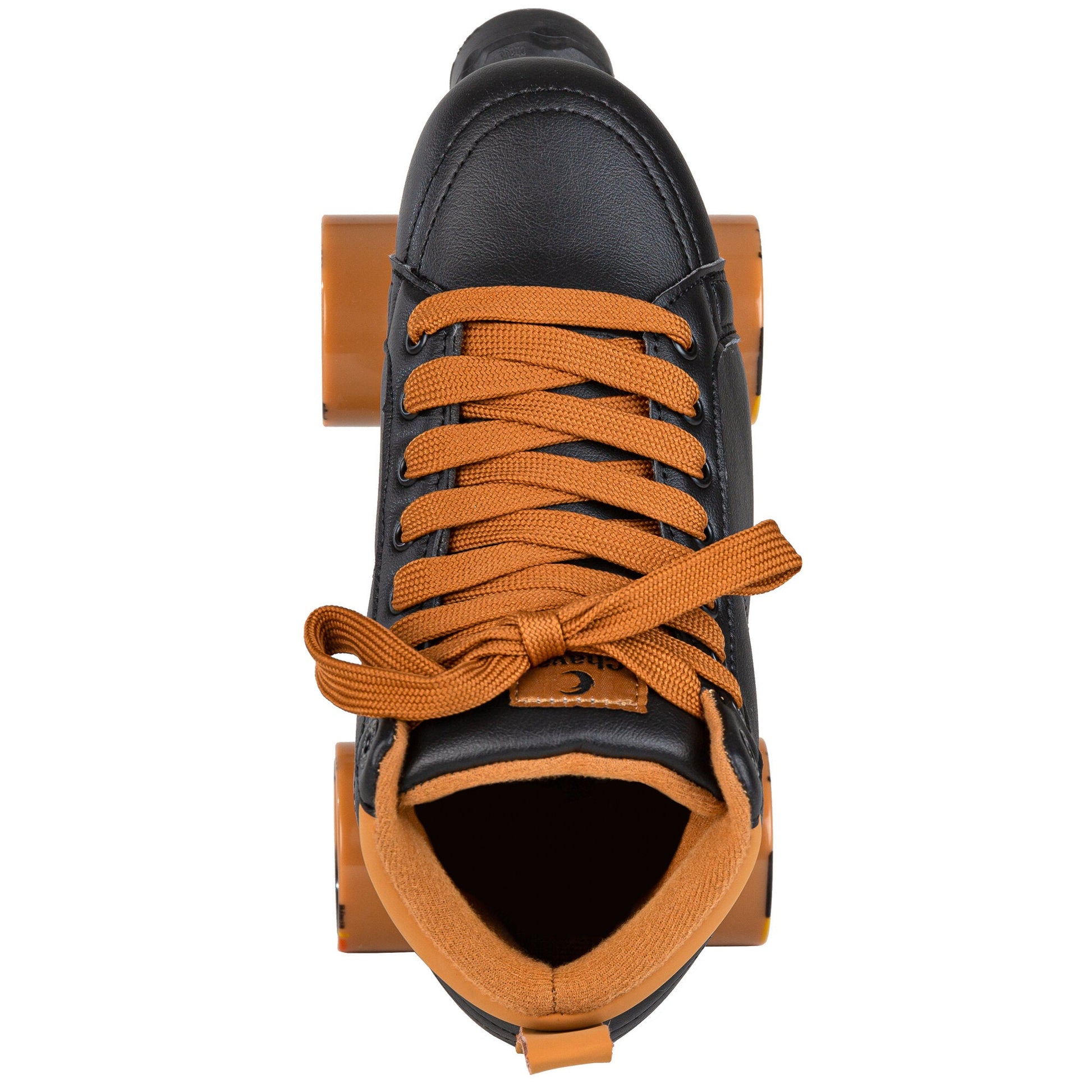 An overhead view of a Chaya Mocha skate, highlighting its meticulously arranged lacing