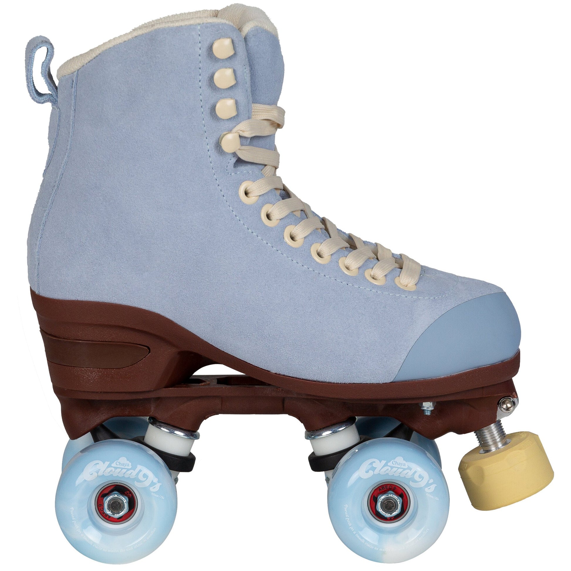Side profile of a Chaya Melrose Elite Blue Angel quad skate, revealing its sleek contours and perfectly matched components.