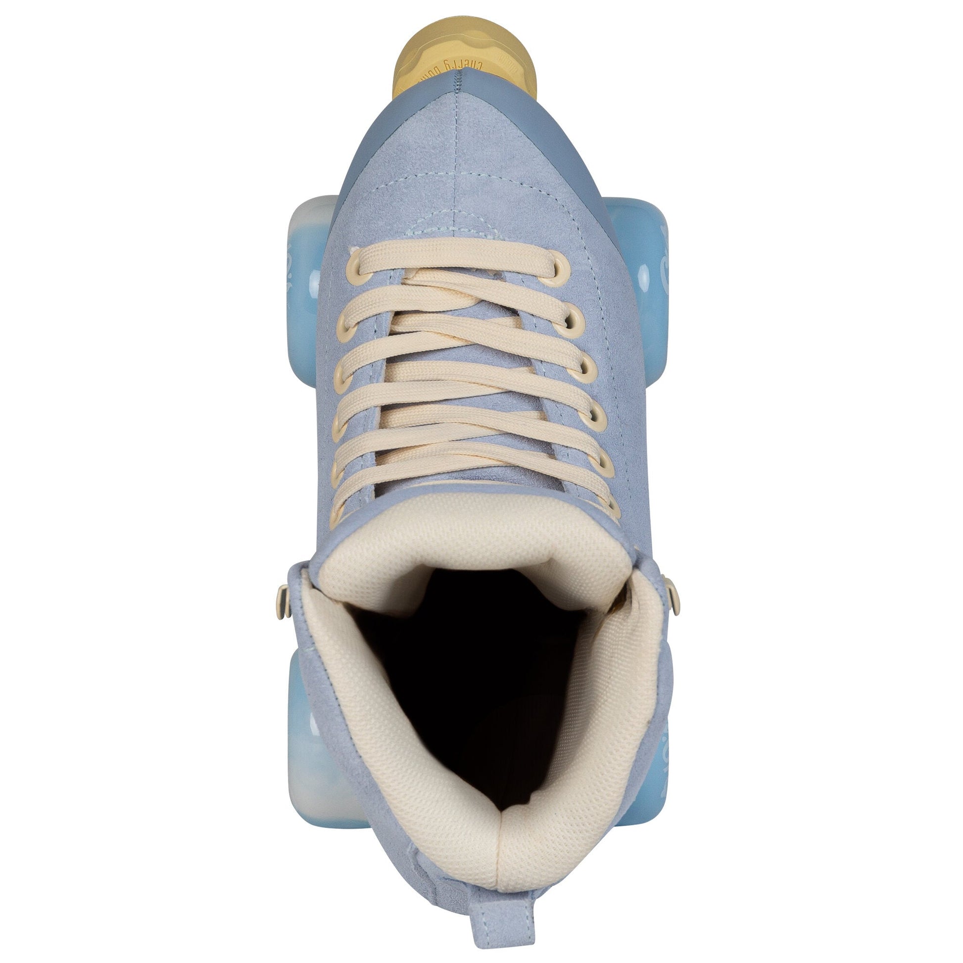 Overhead perspective of a Chaya Melrose Elite Blue Angel skate, capturing the lacing and the boot's smooth, ethereal blue upper.