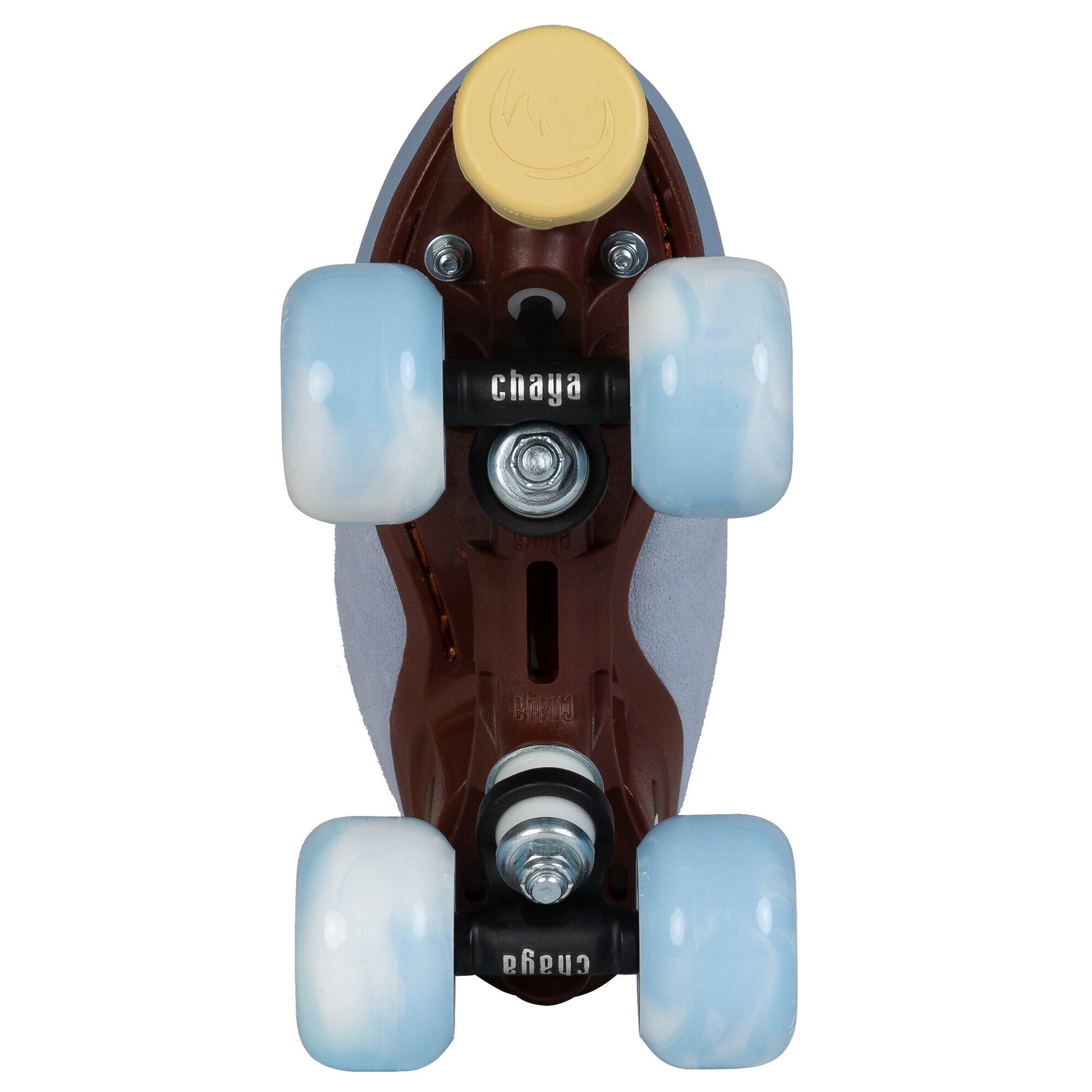 Underneath view of a Chaya Melrose Elite Blue Angel skate, detailing the plate, trucks, and coordinating toe stop.