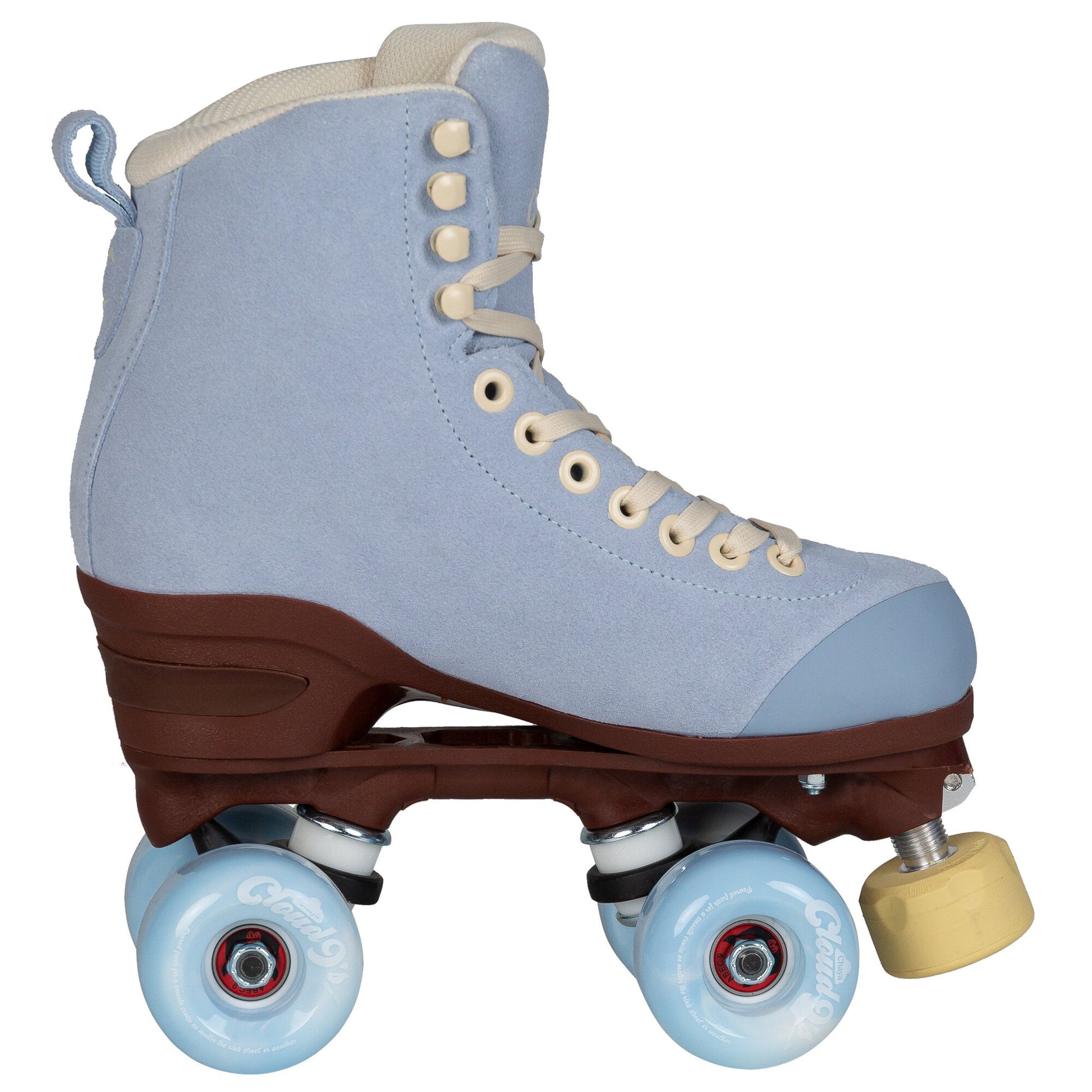 A Chaya Melrose Elite Blue Angel quad skate, presented from its side, prominently showcasing the elegant blue boot and the complete wheel assembly.