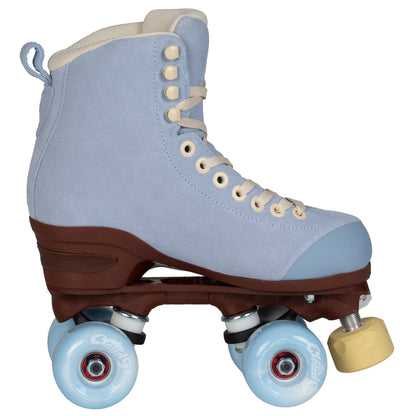 A Chaya Melrose Elite Blue Angel quad skate, presented from its side, prominently showcasing the elegant blue boot and the complete wheel assembly.