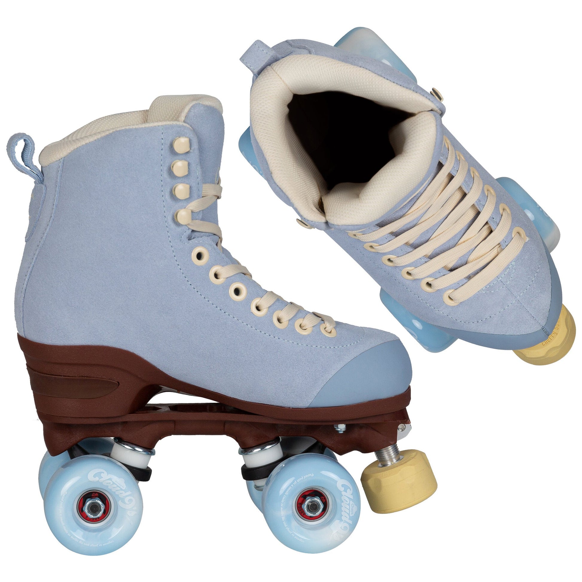 Two Chaya Melrose Elite Blue Angel skates, presented from different angles to highlight their comprehensive and appealing design.