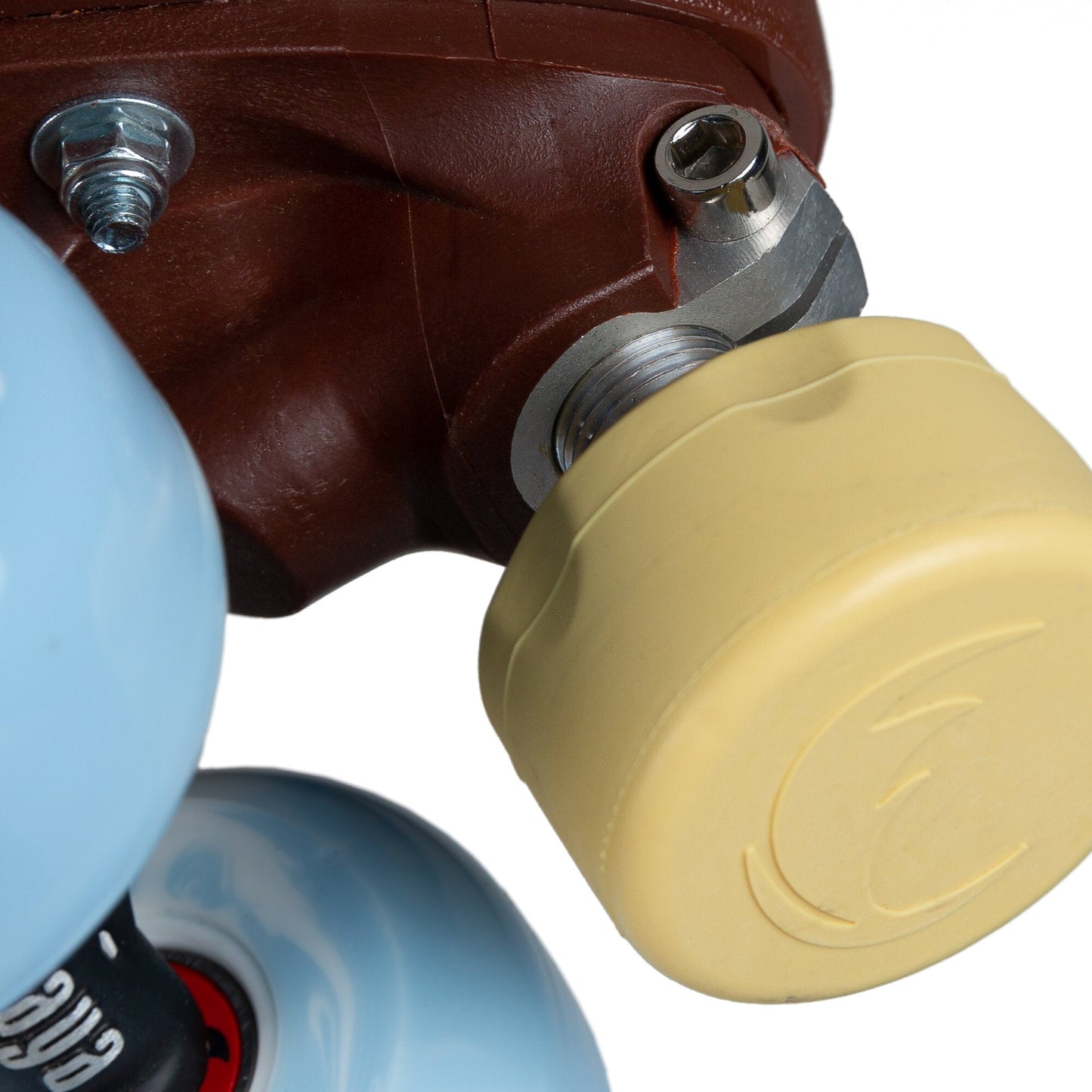 The toe stop of a Chaya Melrose Elite Blue Angel skate, ready for gentle, precise control.