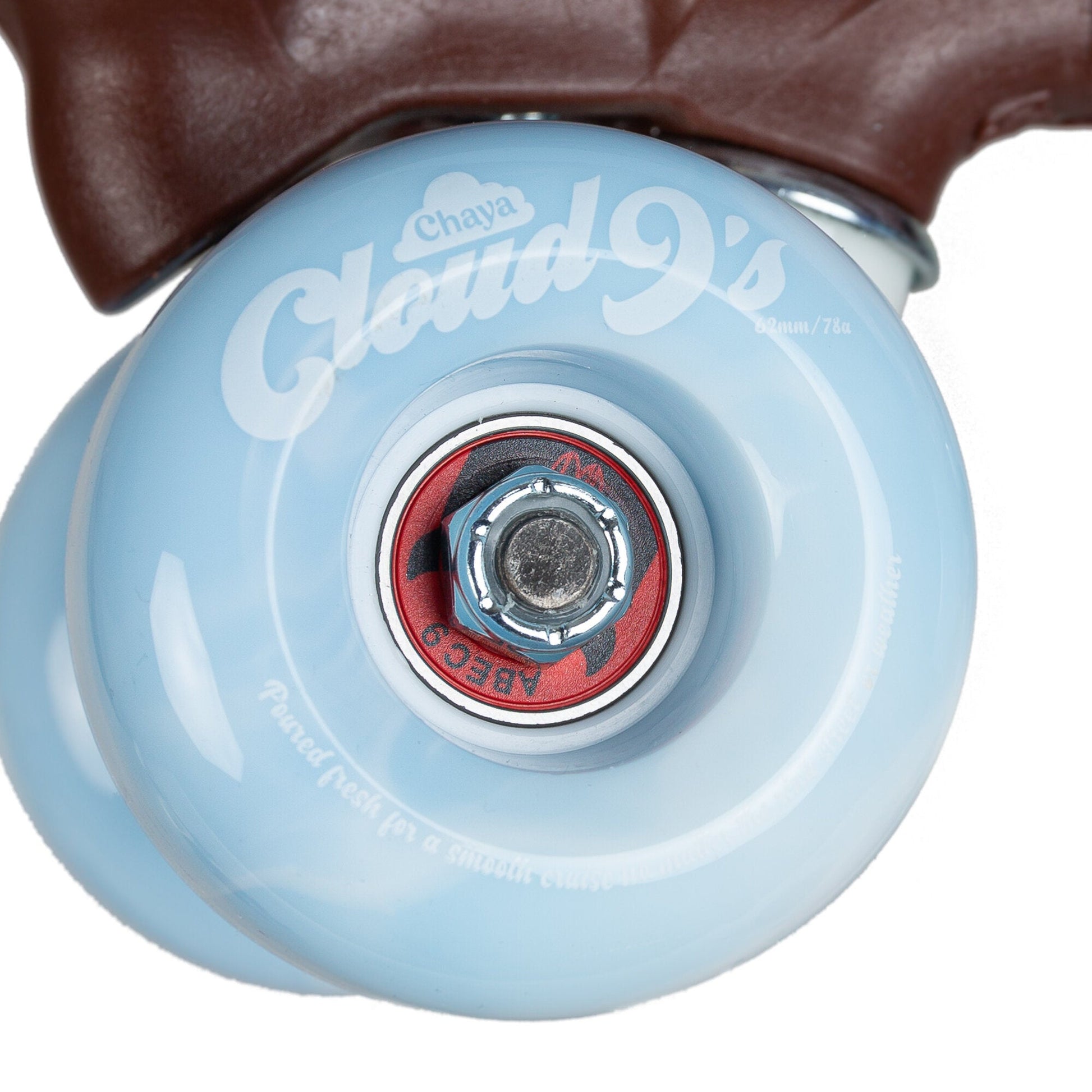 A wheel from the Chaya Melrose Elite Blue Angel skate, showcasing its serene blue color and promise of a smooth, quiet roll.