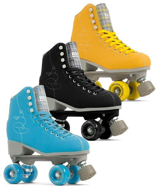 Rio Roller Signature skate collection: Black, Blue, and Yellow models displayed together, highlighting color variety.