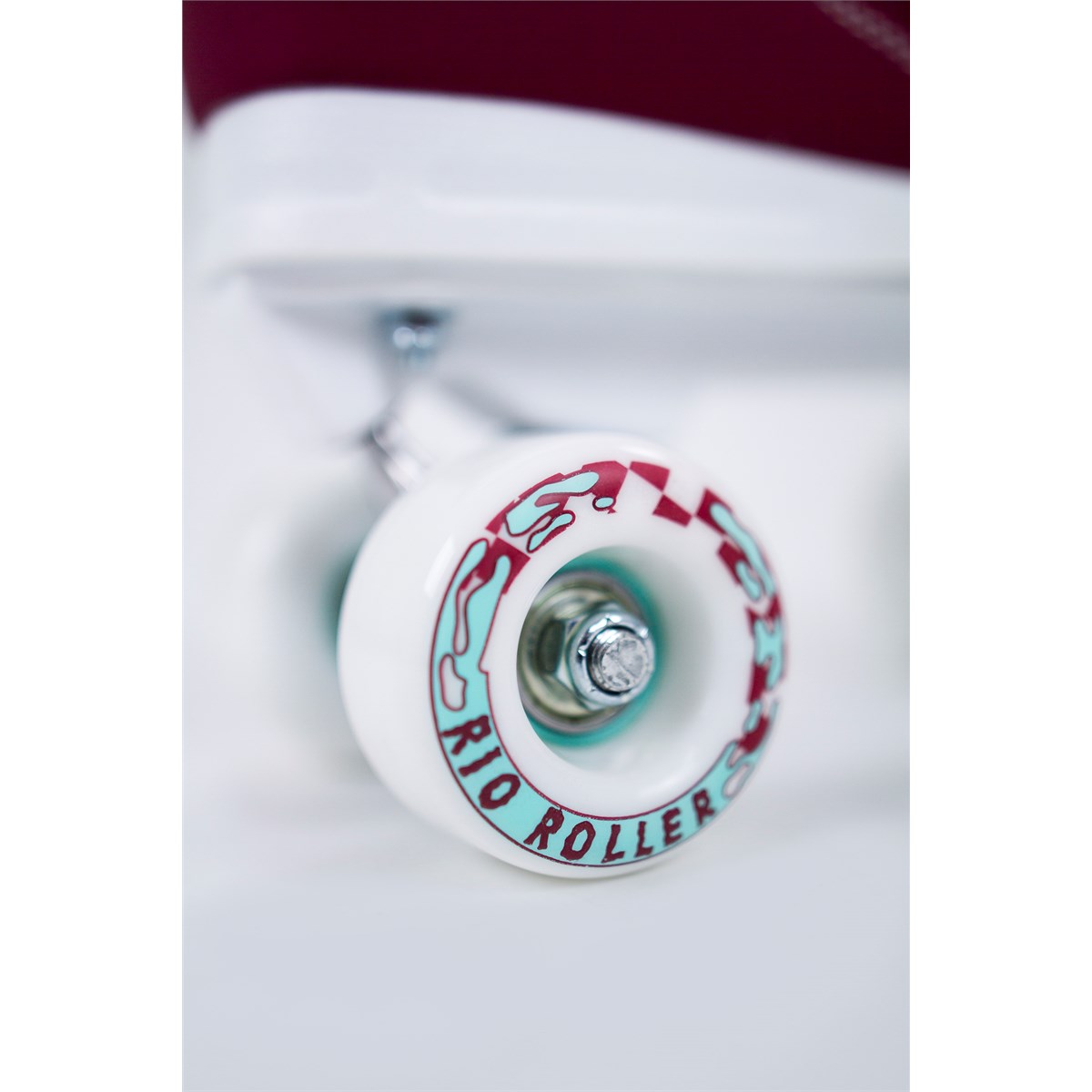 Rio Roller Mayhem II Red Skates - Wheel Close-Up: Durable Urethane Wheel & Smooth Bearings for Optimal Performance