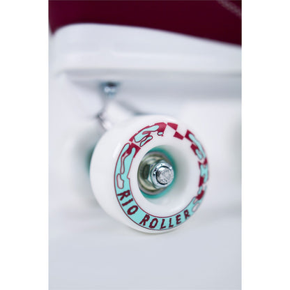 Rio Roller Mayhem II Red Skates - Wheel Close-Up: Durable Urethane Wheel & Smooth Bearings for Optimal Performance