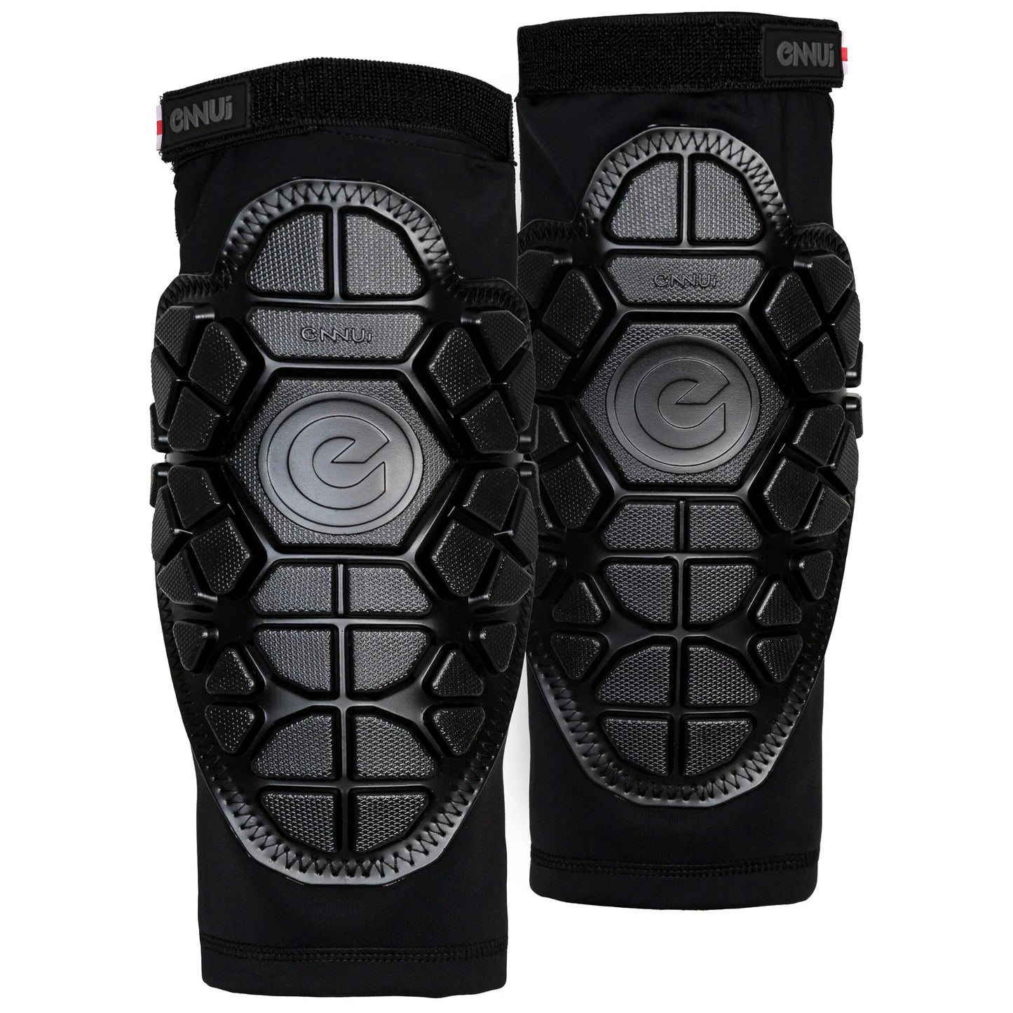 Front view of the ENNUI Shock Sleeve Knee Gasket II pair, showcasing their slim, compression design and discreet knee protection. Ideal for action sports, providing comfortable impact absorption for skaters and riders.