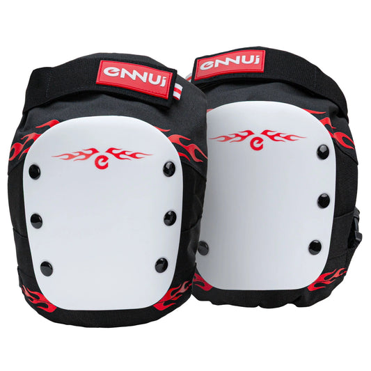 Front view of the ENNUI Aly Knee Pad Flame pair, featuring robust hard cap protection and a vibrant flame design. Ideal for aggressive inline skating and skateboarding, offering superior impact resistance and durability.