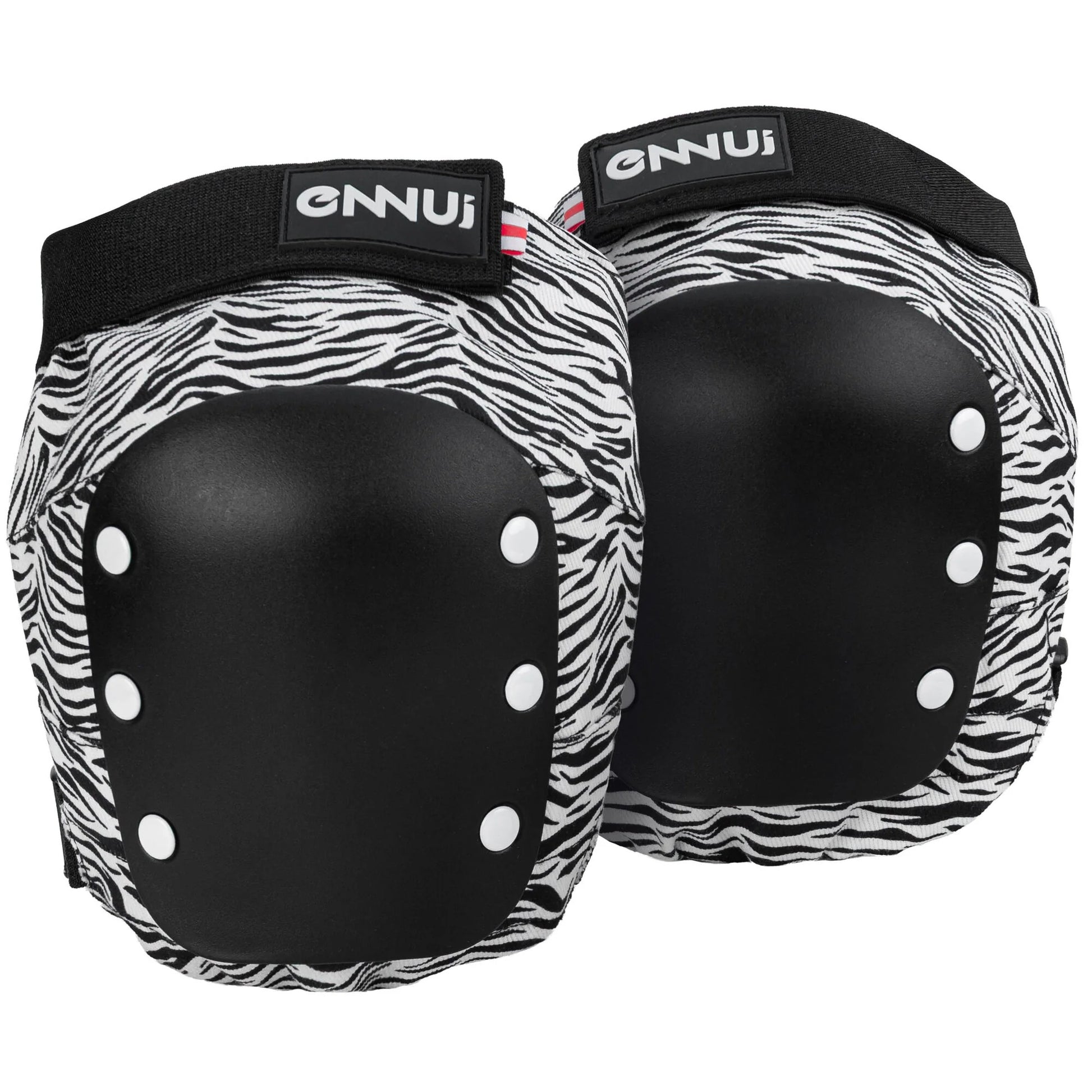 Front view of the ENNUI Aly Knee Pad Zebra pair, featuring a durable hard cap and a distinctive zebra print design. Ideal for aggressive inline skating and skateboarding, offering robust impact protection and unique style