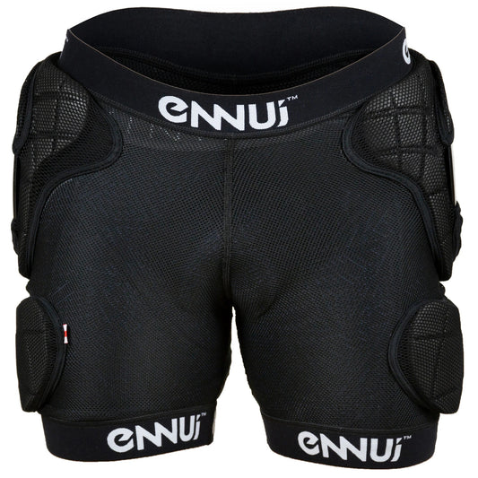 Front view of ENNUI BLVD Protective Shorts, showcasing their impact-absorbing design and comfortable fit for extreme sports. Ideal for skateboarding, rollerblading, and action sports enthusiasts seeking premium protection.